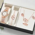 Women's rose gold quartz watch set with heart jewelry in a premium gift box display - Rose Gold Set 3 (Orange Box)
