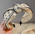 Elegant beige polka dot wide knot headband with black satin trim for women - S5 Khaki Polka Dot Edged Knot Style
