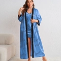 Blaues Satin-Schlafanzugset in Übergröße mit Herzmuster und Bindegürtel-Bademantel - 3XL / Blau