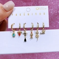 Detail of 6-piece earring set featuring colorful zircons and diverse charm pendants - Marine Life Series (3102)