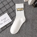 White crew socks featuring ribbed cuffs and trendy yellow graffiti lettering print - Unisex (35-44) / 9 Series Style 02 (APASHE)