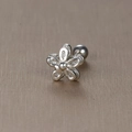 Silver five-petal flower stud earring with zircon inlay and screw ball back closure - Polished Flower / Silver
