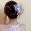 Pink and blue floral hair stick with white lace and pearl tassels on a model - Pink Blue Lace Pearl Tassel Style (150#)
