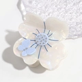 Detailed shot of pearlescent white flower hair claw clip with blue butterfly and rhinestones - Flower Butterfly Claw
