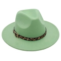 Detail of light green wool fedora hat featuring leopard print band and gold buckle - Green