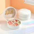 Portable mini round leather jewelry box in white with zipper and internal storage - White