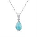 Bohemian style necklace with water-drop blue stone pendant and silver chain - Aquamarine, White Gold Plated, Approx. Weight 1.3g