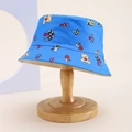 Close-up of blue kids bucket hat with cartoon bears and colorful mushroom prints - Kids One Size / Blue (Bear With Strawberry)