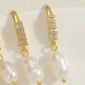 Boucles d'oreilles perles d'eau douce avec zircon et crochet ovale plaqué or 14K - Boucles d'Oreilles Perles d'Eau Douce à Double Rangée de Zircon