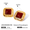 Golden square stainless steel earrings with red agate stone and zircon setting - Square Retro Red Agate Style(JDE2404040-RD)