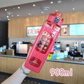 Detail of 900ml translucent square plastic bottle with flip-top lid and red wrist strap - 30oz / Red