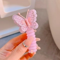 Pink telephone wire hair tie featuring an embroidered plaid butterfly charm for women - Purple Butterfly/Pink Purple Loop