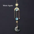 Hanging suncatcher with moss agate moon, gold metal sun charms and blue crystals - Waterweed Agate Moon Wind Chime Pendant