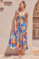 Detail of floral print tiered midi dress with smocked bodice and ribbon straps - Yellow Floral