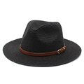 Classic black woven straw fedora with brown buckled strap on a clean white background - M (56-58cm) / Black