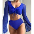 Close-up of royal blue swimsuit with mesh sleeves and drawstring ruching detail - S / Blue