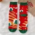 Calcetines navideños rojos y verdes con pompones 3D y patrones de abetos - Talla única / Árbol de Navidad