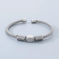 Silver stainless steel cable wire open bangle with polished cube charm and spring detail - Style B Cube Bead With Spring Decoration / Silver