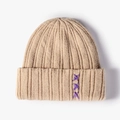 Beige ribbed knit beanie featuring three purple cross-stitch X details on the cuff - One Size / Off White