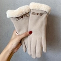 Beige faux suede winter gloves with cute cat embroidery and thick faux fur trim for women - One Size / Khaki Cat Whiskers