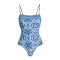 Dettaglio della stampa Majolica blu e ricami geometrici sul costume intero da donna - S / Costume Singolo