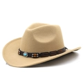 Detail of wool fedora cowboy hat with brown leather band and turquoise stone accent - M (56-58cm) Adjustable / Camel