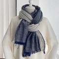 Artistic blue and grey striped cotton linen scarf with fringe detailing for men and women - Navy Blue and Grey