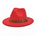 Detailed view of red fedora hat with wide brim and brown faux leather belt buckle - Red
