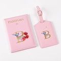Pink PU leather passport holder and luggage tag set with gold letter B and rose design - Pink Letter B