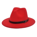 Detail of red wool fedora hat featuring black leather band and silver metal buckle - M (56-58cm) / Red