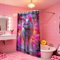 Detail eines wasserdichten 3D-Duschvorhangs mit rosa Fantasiewolf und Metallhaken - 26S-C Rosa Weiß Phantom Bestie / 90*180cm