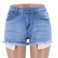 Close-up of light blue denim shorts featuring frayed edges and exposed white pocket lining - S / Light Blue