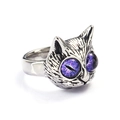 Vintage silver cat head ring featuring striking purple gemstone eyes on a white background - US 6 / Steel Color Purple Gemstone