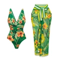 Detail view of tropical green one-piece swimsuit with matching floral sarong set - S / Green Floral Wrap Skirt Set
