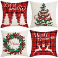 Set of 4 Christmas pillow covers with reindeer and tree patterns on red and white linen - Red White Plaid Classic Christmas Set