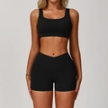 Women's black high-stretch yoga set with cross-waist shorts and racerback sports bra - S / Top And Bottom / Bra + Shorts / Premium Black