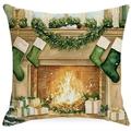 Detail of Christmas pillow cover featuring watercolor fireplace with green stockings - YMD15-31 (Indoor Fireplace Scene)