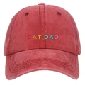 Red washed cotton baseball cap featuring rainbow CAT DAD 3D embroidery detail - Washed Red CAT DAD Rainbow Embroidery Cap