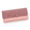 Pink two-tone long PU leather wallet with metallic V-shaped buckle and fine stitching - Pink
