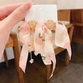 Pink ribbon drop earrings with peach pattern and pearls for a sweet aesthetic style - Pink Bow Peach (31# Silver Earring Post-Pink Bow)