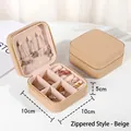 Portable beige PU leather square jewelry box with zipper for rings and necklaces - Zipper Style / Beige