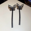 Elegant black butterfly earrings with sparkling rhinestones and long fringe tassels - Gun Black Bowknot Tassel Style (Silver Earring Post)