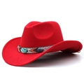 Detail of red wool felt cowboy hat featuring ethnic woven band with turquoise accents - 08 Red