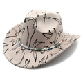 Detail of western fedora with black bird print and evil eye beaded accessory chain - M (56-58cm) / Beige Top Hat