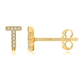 Close-up of T-shaped gold plated stud earrings with S925 silver hallmark and sparkling stones - Gold T