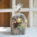DIY Christmas pine cone decoration kit with gold ornaments and snowflakes in a bag - Gold Snowflake Style