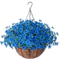 Detail of blue artificial flowers in a coconut fiber hanging basket with metal chain - Blue