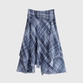 Blue plaid midi skirt with asymmetrical hem and tiered ruffle design in light fabric - XS / Blue Grey Plaid