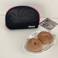 Mesh makeup bag in black with pink contrast trim and BEAR label for travel - Semicircle Bag / Black
