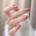 Short press-on nails in pink gradient finish with golden glitter heart design - R751 Summer Night Sweetheart / Nail Glue Version